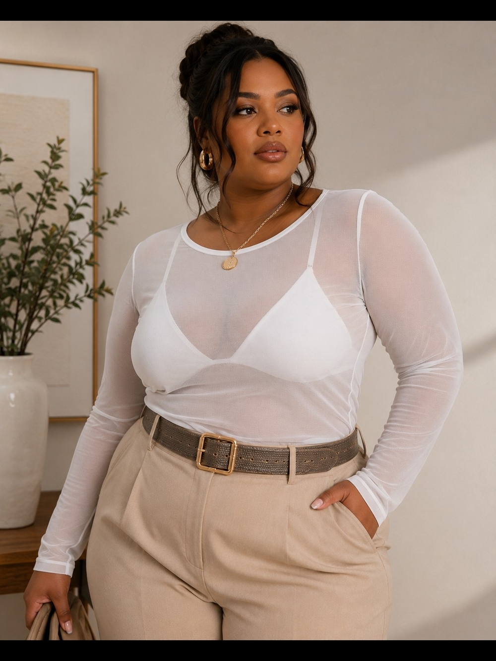 Women’s Sheer Long-Sleeve Mesh Top - White